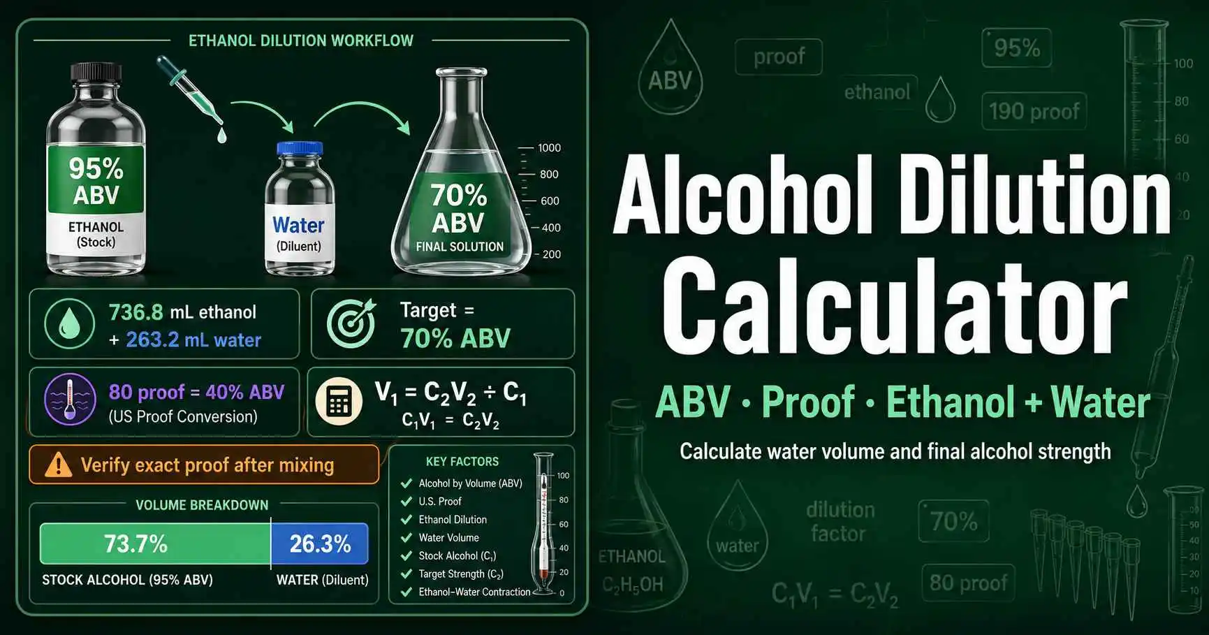 Diagram showing alcohol dilution from stock ABV to target ABV with water volume, proof conversion, and final volume.