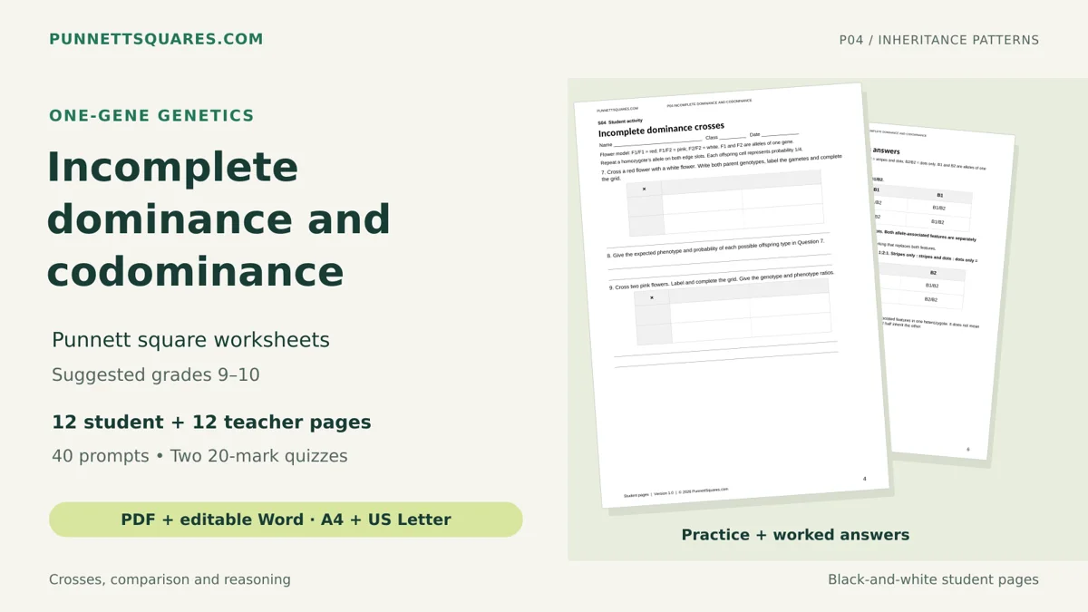 Incomplete Dominance and Codominance worksheet pack cover with actual page previews
